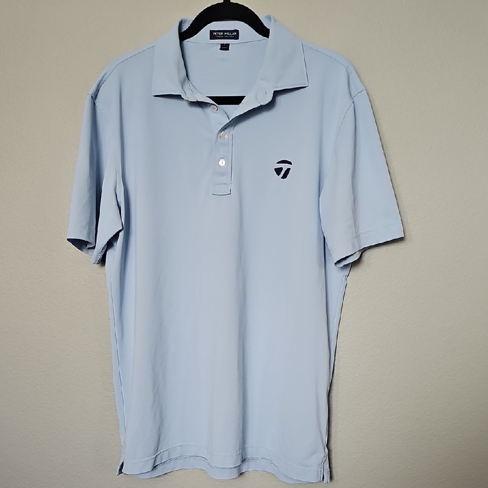 Peter Millar Men's Sky Blue Golf Polo TaylorMade Chest Logo Crown Crafted Large